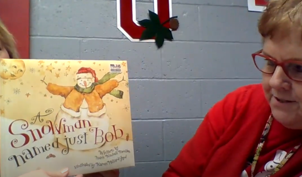 Mrs. Thomas reading "A Snowman Named Just Bob"