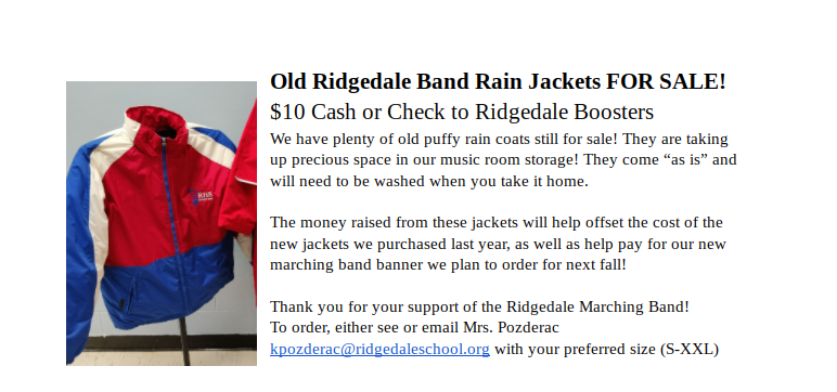 Old Ridgedale Band Rain Jackets FOR SALE!