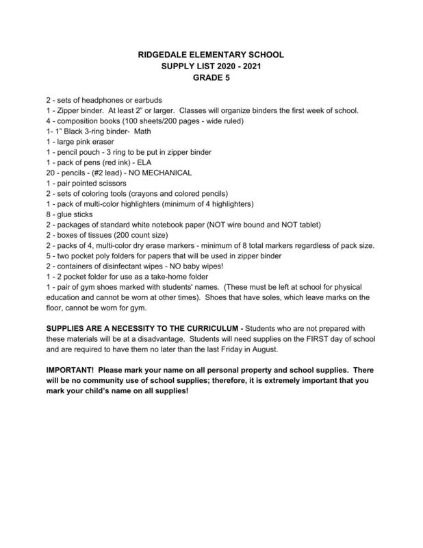 2020-21 Supply List - Official Ridgeland High School