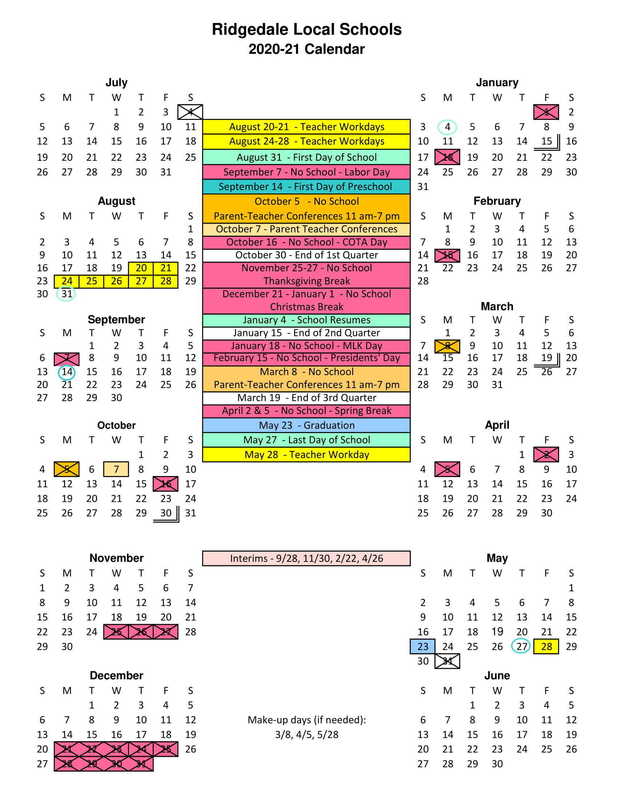 2020-2021 School Calendar | Ridgedale Local School District