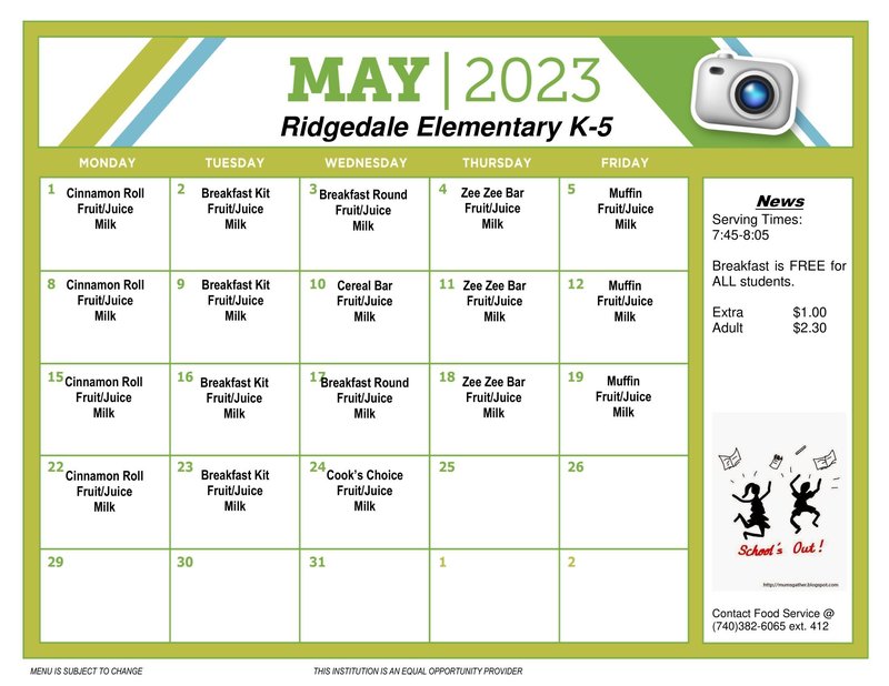 May Lunch Menus | Ridgedale Local School District